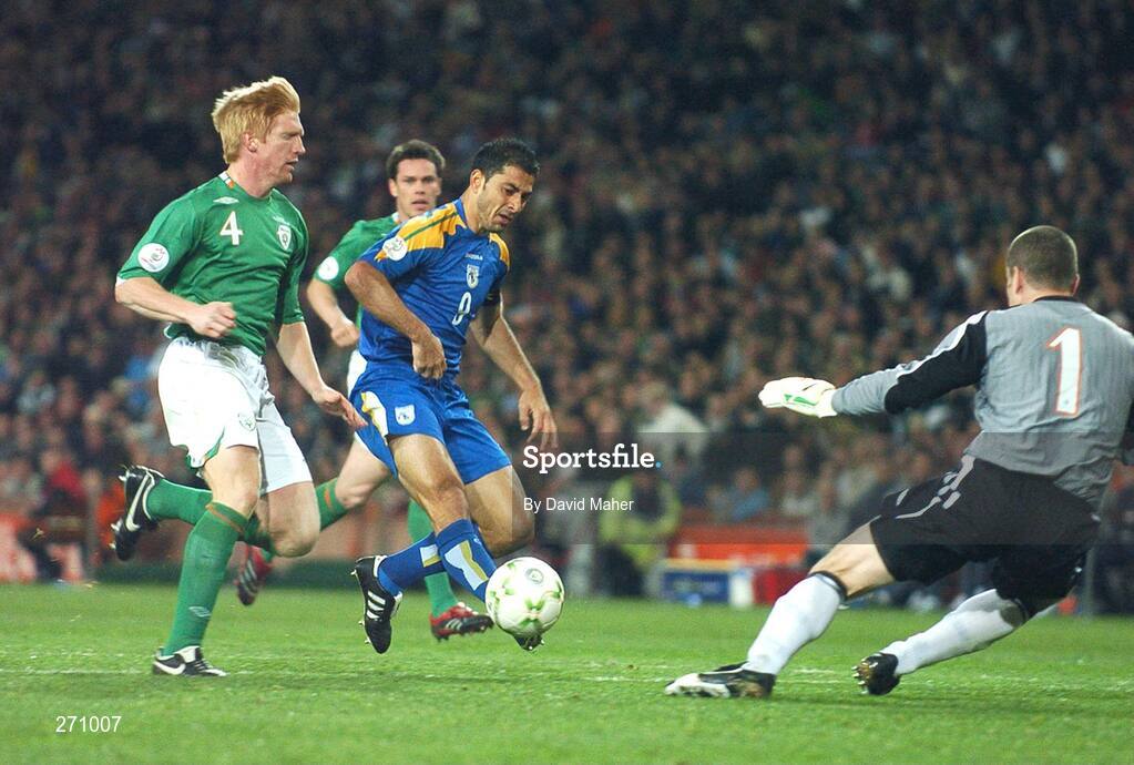 17 October 2007; Yiannis Okkas, Cyprus, beats goalkeeper Shay Given and Paul McShane, Republic of Ireland, with a shot that hit the post. 2008 European Championship Qualifier, Republic of Ireland v Cyprus, Croke Park, Dublin. Picture credit; David Maher / SPORTSFILE
