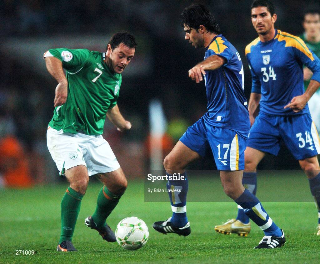 17 October 2007; Andy Reid, Republic of Ireland, in action against Marinos Satsiasand Marios Nikolaou, right, Cyprus. 2008 European Championship Qualifier, Republic of Ireland v Cyprus, Croke Park, Dublin. Picture credit; Brian Lawless / SPORTSFILE