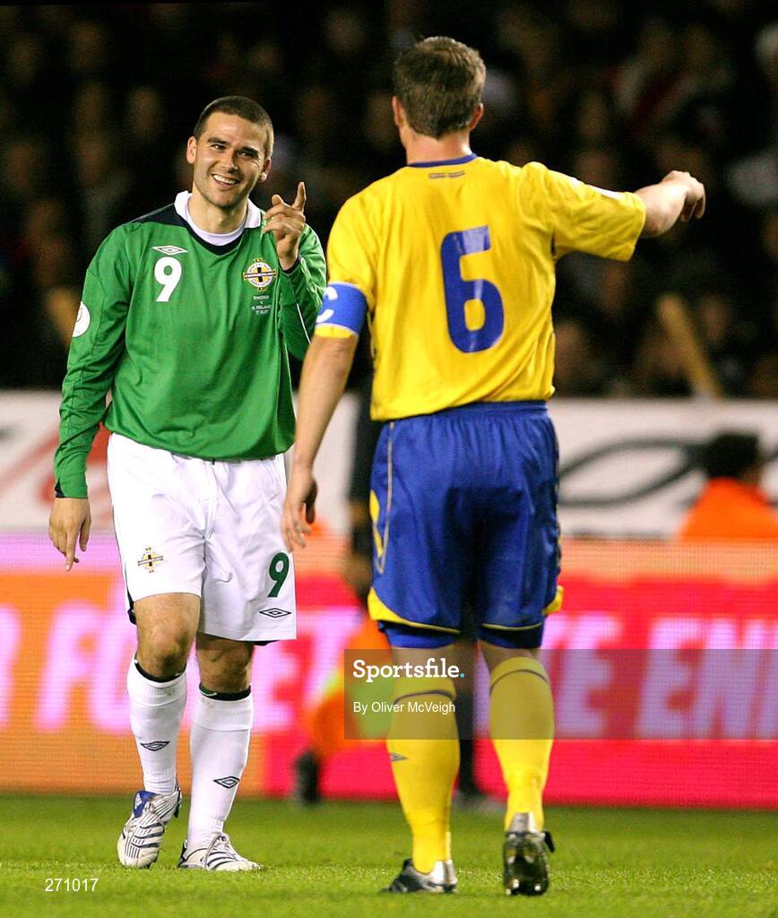 17 October 2007; David Healy, Northern Ireland, questions Tobais Linderoth, Sweden, after a late tackle. 2008 European Championship Qualifier, Sweden v Northern Ireland, Rasunda Stadium, Solna, Stockholm, Sweden. Picture credit; Oliver McVeigh / SPORTSFILE