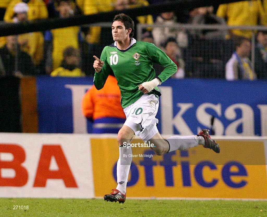 17 October 2007; Northern Ireland Kyle Lafferty celebrates after scoring his side's equalising goal. 2008 European Championship Qualifier, Sweden v Northern Ireland, Rasunda Stadium, Solna, Stockholm, Sweden. Picture credit; Oliver McVeigh / SPORTSFILE