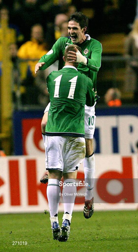 17 October 2007; Northern Ireland's Kyle Lafferty celebrates his goal with team-mate Chris Brunt. 2008 European Championship Qualifier, Sweden v Northern Ireland, Rasunda Stadium, Solna, Stockholm, Sweden. Picture credit; Oliver McVeigh / SPORTSFILE