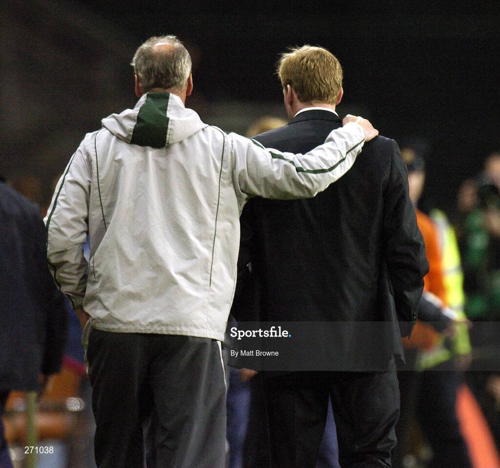 17 October 2007; Republic of Ireland manager Steve Staunton, right, leaves the field with assistant manager Kevin McDonald after the final whistle. 2008 European Championship Qualifier, Republic of Ireland v Cyprus, Croke Park, Dublin. Picture credit; Matt Browne / SPORTSFILE