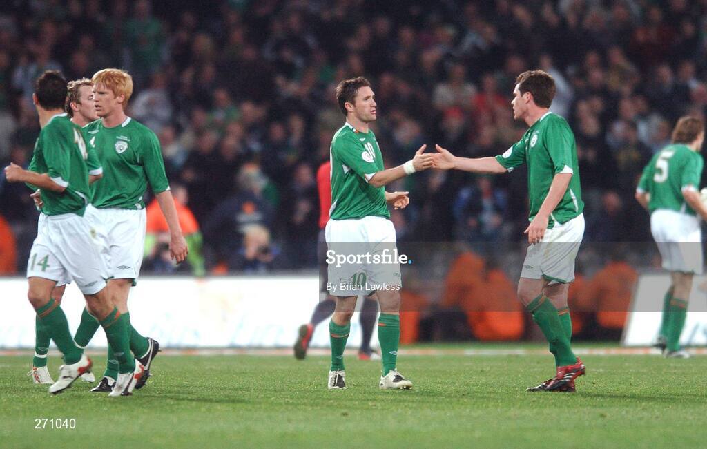 17 October 2007; Republic of Ireland captain Robbie Keane congratulates team-mate Steve Finnan after scoring his side's late equaliser. 2008 European Championship Qualifier, Republic of Ireland v Cyprus, Croke Park, Dublin. Picture credit; Brian Lawless / SPORTSFILE