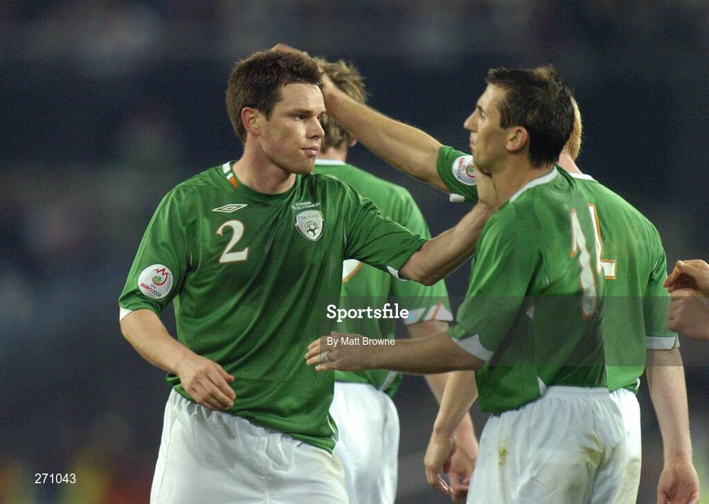 17 October 2007; Republic of Ireland's goal scorer Steve Finnan, left, is congratulated by team-mate Liam Miller. 2008 European Championship Qualifier, Republic of Ireland v Cyprus, Croke Park, Dublin. Picture credit; Matt Browne / SPORTSFILE