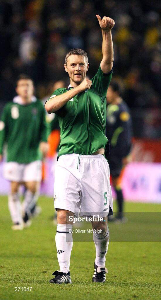 17 October 2007; Stephen Craigan, Northern Ireland, celebrates after the final whistle. 2008 European Championship Qualifier, Sweden v Northern Ireland, Rasunda Stadium, Solna, Stockholm, Sweden. Picture credit; Oliver McVeigh / SPORTSFILE