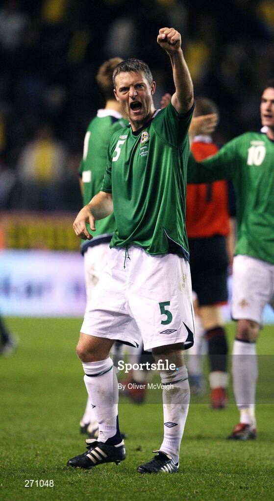 17 October 2007; Stephen Craigan, Northern Ireland, celebrates after the final whistle. 2008 European Championship Qualifier, Sweden v Northern Ireland, Rasunda Stadium, Solna, Stockholm, Sweden. Picture credit; Oliver McVeigh / SPORTSFILE