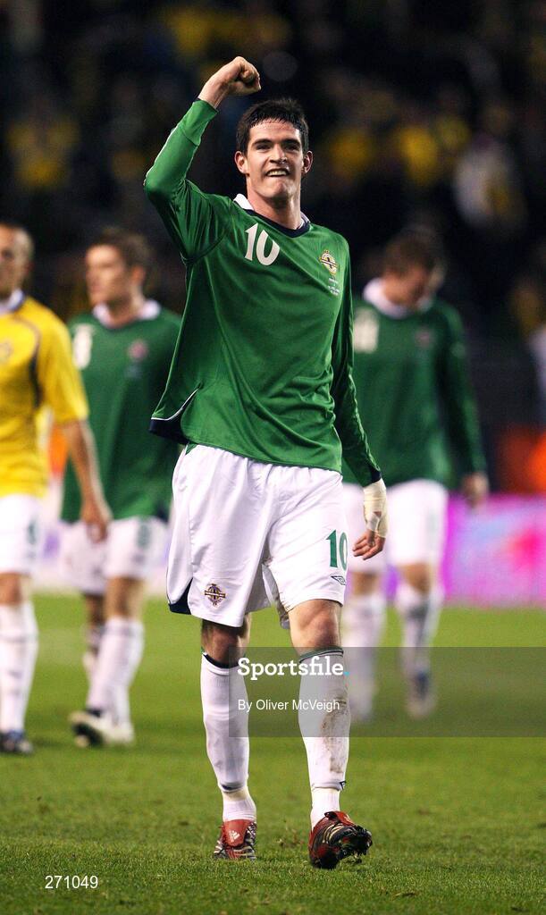 17 October 2007; Kyle Lafferty, Northern Ireland, celebrates after the final whistle. 2008 European Championship Qualifier, Sweden v Northern Ireland, Rasunda Stadium, Solna, Stockholm, Sweden. Picture credit; Oliver McVeigh / SPORTSFILE