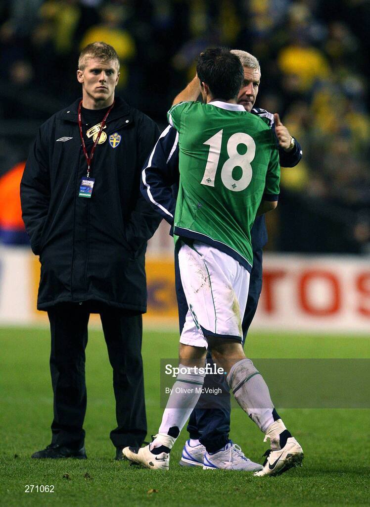 17 October 2007; Northern Ireland manager Nigel Worthington embraces his captain Aaron Hughes at the end of the game. 2008 European Championship Qualifier, Sweden v Northern Ireland, Rasunda Stadium, Solna, Stockholm, Sweden. Picture credit; Oliver McVeigh / SPORTSFILE