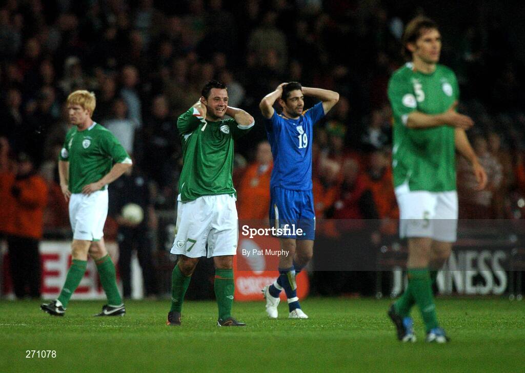17 October 2007; Republic of Ireland's Andy Reid and Paul McShane, left, show their disappointment at the final whistle alongside Alexandros Garposis, Cyprus. 2008 European Championship Qualifier, Republic of Ireland v Cyprus, Croke Park, Dublin. Picture credit; Pat Murphy / SPORTSFILE