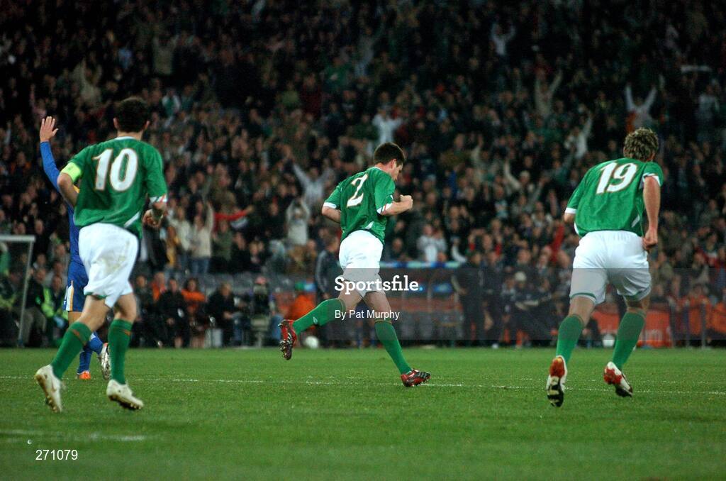 17 October 2007; Republic of Ireland's Steve Finnan, 2, turns away in celebration after scoring his side's equalising goal. 2008 European Championship Qualifier, Republic of Ireland v Cyprus, Croke Park, Dublin. Picture credit; Pat Murphy / SPORTSFILE