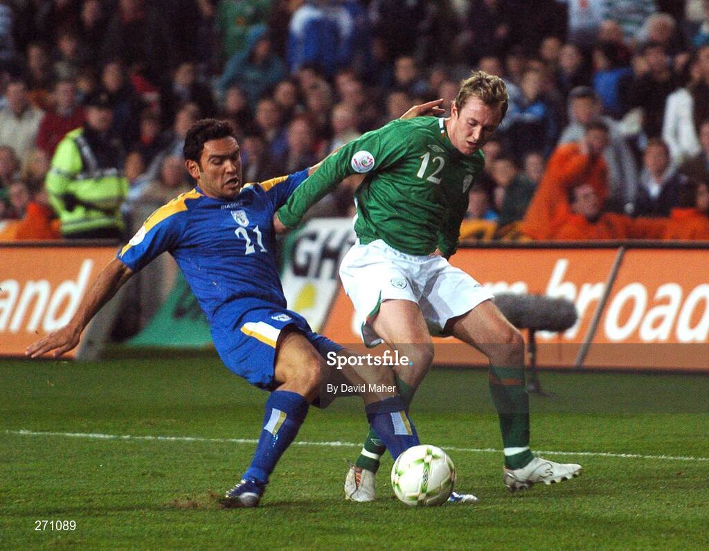 17 October 2007; Aiden McGeady, Republic of Ireland, in action against Chritos Theofilou, Cyprus. 2008 European Championship Qualifier, Republic of Ireland v Cyprus, Croke Park, Dublin. Picture credit; Stephen McCarthy / SPORTSFILE