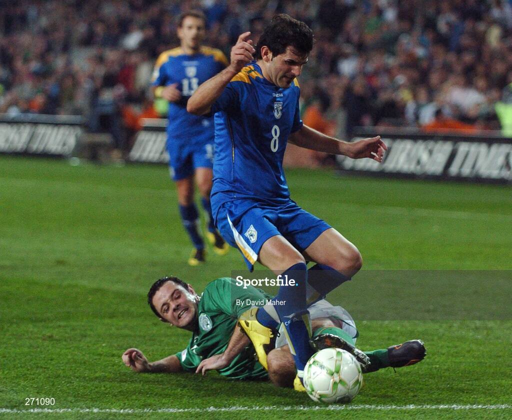17 October 2007; Marios Ilia, Cyprus, in action against Andy Reid, Republic of Ireland. 2008 European Championship Qualifier, Republic of Ireland v Cyprus, Croke Park, Dublin. Picture credit; Stephen McCarthy / SPORTSFILE