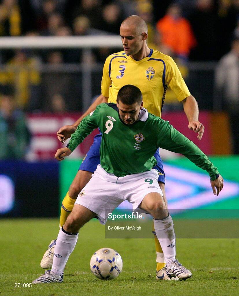 17 October 2007; David Healy, Northern Ireland, in action against Olof Melberg, Sweden. 2008 European Championship Qualifier, Sweden v Northern Ireland, Rasunda Stadium, Solna, Stockholm, Sweden. Picture credit; Oliver McVeigh / SPORTSFILE