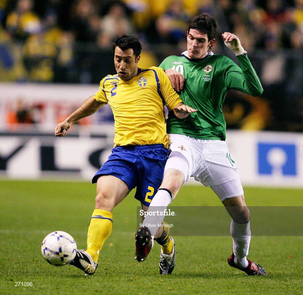 17 October 2007; Mikael Nilsson, Sweden, in action against Kyle Lafferty, Northern Ireland. 2008 European Championship Qualifier, Sweden v Northern Ireland, Rasunda Stadium, Solna, Stockholm, Sweden. Picture credit; Oliver McVeigh / SPORTSFILE