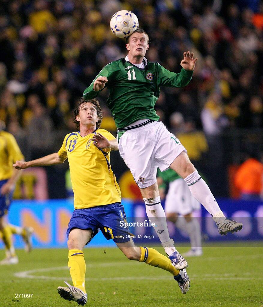 17 October 2007; Chris Brunt, Northern Ireland, in action against Mikael Nilsson, Sweden. 2008 European Championship Qualifier, Sweden v Northern Ireland, Rasunda Stadium, Solna, Stockholm, Sweden. Picture credit; Oliver McVeigh / SPORTSFILE