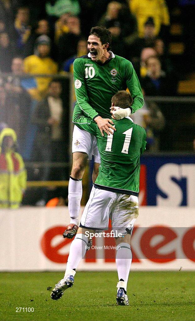 17 October 2007; Northern Ireland's Kyle Lafferty celebrates with team-mate Chris Brunt after scoring his side's first goal. 2008 European Championship Qualifier, Sweden v Northern Ireland, Rasunda Stadium, Solna, Stockholm, Sweden. Picture credit; Oliver McVeigh / SPORTSFILE
