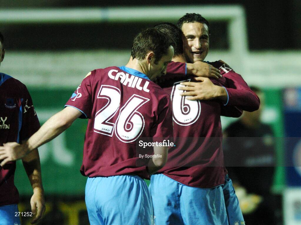 19 October 2007; Drogheda United's Eamon Zayed, right, is congratulated after scoring his side's first goal by team-mates Ollie Cahill, right, and Graham Gartland. eircom League of Ireland Premier Division, Drogheda United v Cork City, United Park, Drogheda. Picture credit; Paul Mohan / SPORTSFILE