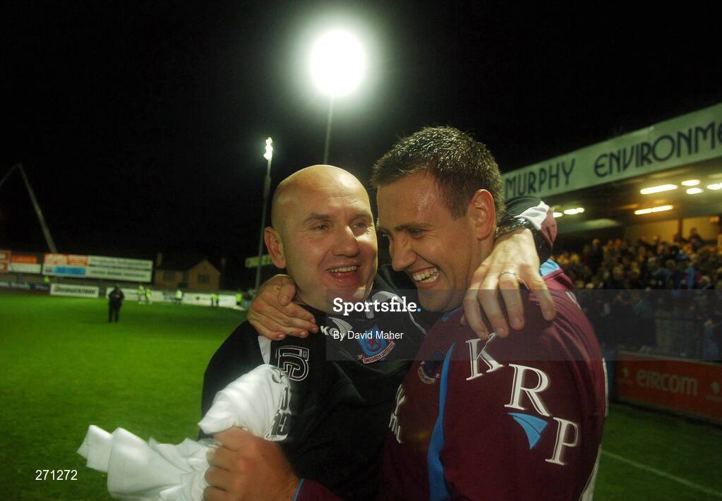 19 October 2007; Drogheda United manager Paul Doolin, left, celebrates at the end of the game with winning goalscorer Guy Bates. eircom League of Ireland Premier Division, Drogheda United v Cork City, United Park, Drogheda. Picture credit; David Maher / SPORTSFILE