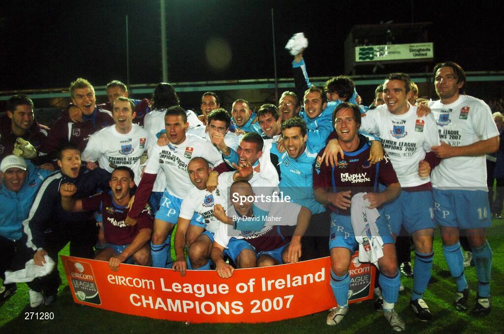 19 October 2007; Drogheda United players and staff celebrate at the end of the game. eircom League of Ireland Premier Division, Drogheda United v Cork City, United Park, Drogheda. Picture credit; David Maher / SPORTSFILE