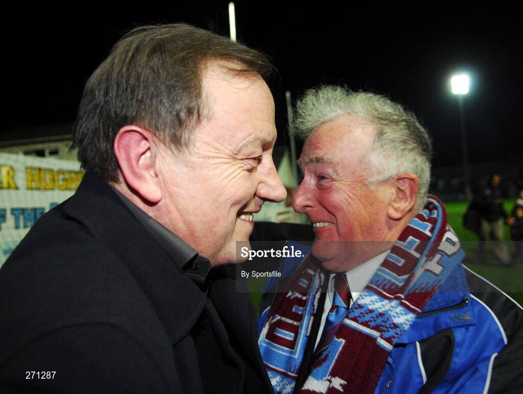 19 October 2007; Director Chris Byrne celebrates with club chairman Vincent Hoey at the end of the game. eircom League of Ireland Premier Division, Drogheda United v Cork City, United Park, Drogheda. Picture credit; Paul Mohan / SPORTSFILE