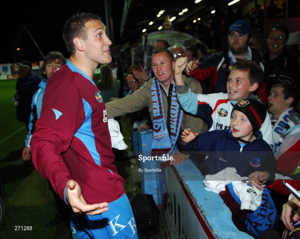 19 October 2007; Drogheda United goalscorer Guy Bates  celebrates with fans at the end of the game. eircom League of Ireland Premier Division, Drogheda United v Cork City, United Park, Drogheda. Picture credit; Paul Mohan / SPORTSFILE
