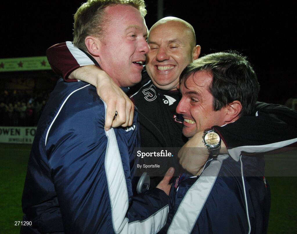 19 October 2007; Drogheda United manager Paul Doolin celebrates with John Carroll, left, and team physio Albert Byrne, right. eircom League of Ireland Premier Division, Drogheda United v Corky City, United Park, Drogheda. Picture credit; Paul Mohan / SPORTSFILE