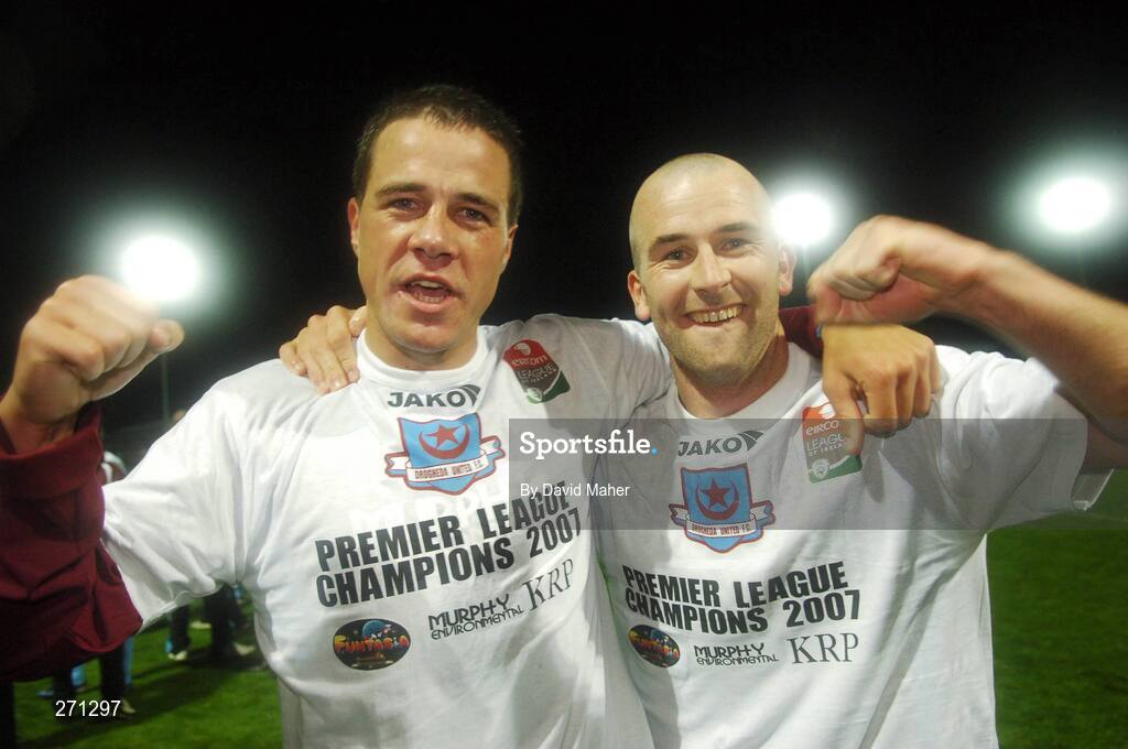 19 October 2007; Drogheda United's Graham Gartland, left,  celebrates at the end of the game with team-mate Paul Keegan. eircom League of Ireland Premier Division, Drogheda United v Cork City, United Park, Drogheda. Picture credit; David Maher / SPORTSFILE