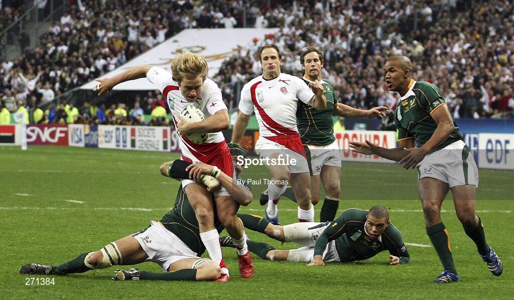20 October 2007; Mathew Tait, England, is tackled close to the line by Victor Matfield, South Africa. Rugby World Cup Final, South Africa v England,Stade de France, Paris. Picture credit; Paul Thomas / SPORTSFILE