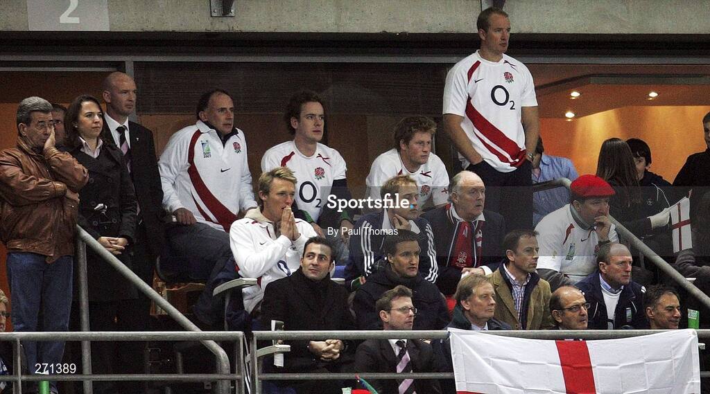 20 October 2007; Prince Harry and his friends look worried with ten minutes to go. Rugby World Cup Final, South Africa v England,Stade de France, Paris. Picture credit; Paul Thomas / SPORTSFILE