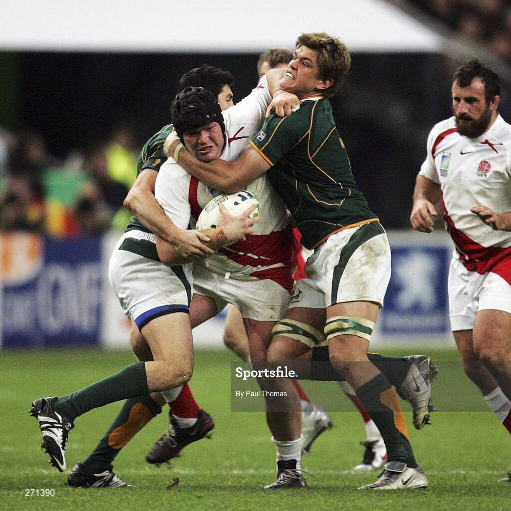 20 October 2007; Matt Stevens, England, is tackled by Jaque Fourie, left, and  Juan Smith, South Africa. Rugby World Cup Final, South Africa v England,Stade de France, Paris. Picture credit; Paul Thomas / SPORTSFILE
