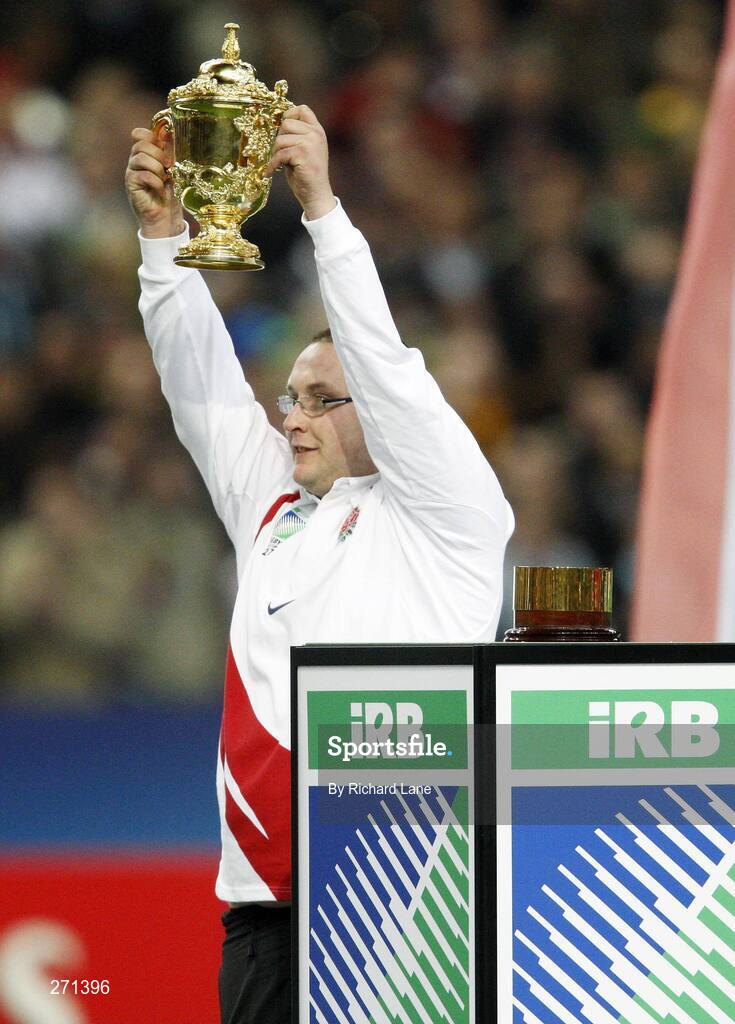20 October 2007; An England pitch invader lifts the trophy. Rugby World Cup Final, South Africa v England,Stade de France, Paris. Picture credit; Richard Lane / SPORTSFILE