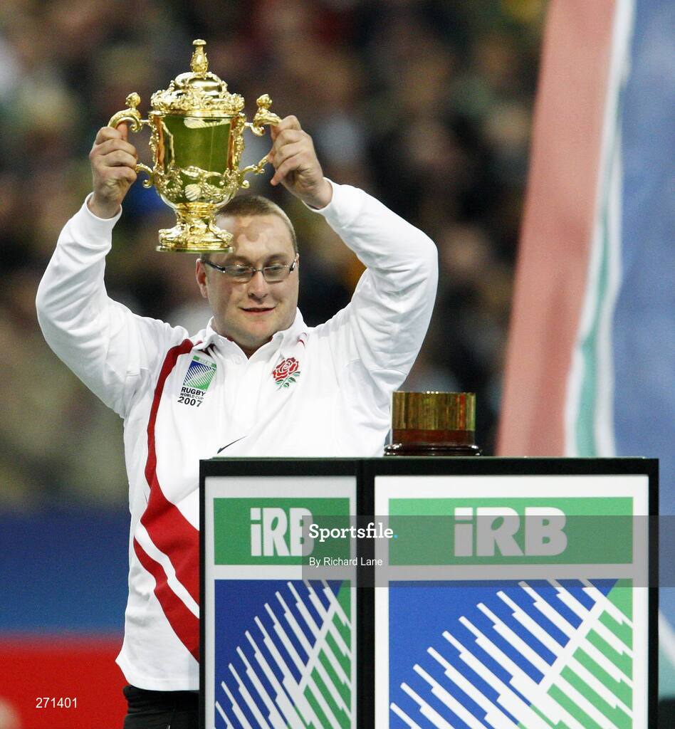 20 October 2007; An England pitch invader lifts the trophy. Rugby World Cup Final, South Africa v England,Stade de France, Paris. Picture credit; Richard Lane / SPORTSFILE