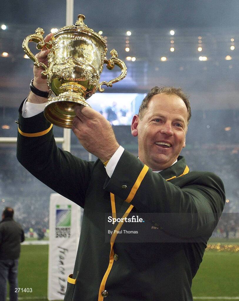 20 October 2007; South Africa coach Jake White celebrate with the trophy. Rugby World Cup Final, South Africa v England,Stade de France, Paris. Picture credit; Paul Thomas / SPORTSFILE