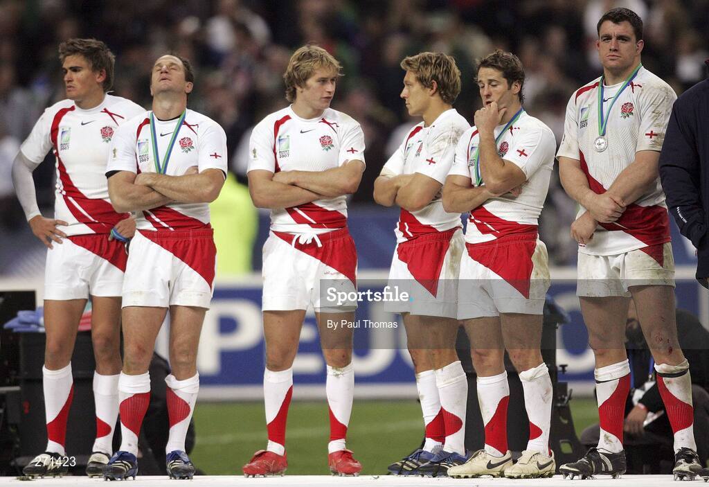 20 October 2007; Dejected England team, left to right, Toby Flood, Mike Catt, Mathew Tait, Jonny Wilkinson, Andy Gomarsall and Andrew Sheridan. Rugby World Cup Final, South Africa v England,Stade de France, Paris. Picture credit; Paul Thomas / SPORTSFILE