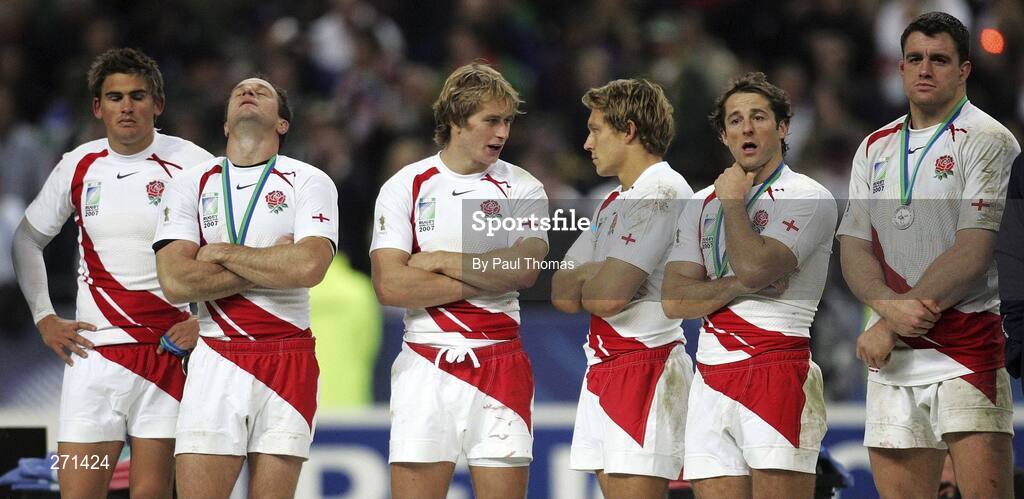20 October 2007; Dejected England players, from left to right, Toby Flood, Mike Catt, Mathew Tait, Jonny Wilkinson, Andy Gomarsall and Andrew Sheridan. Rugby World Cup Final, South Africa v England,Stade de France, Paris. Picture credit; Paul Thomas / SPORTSFILE
