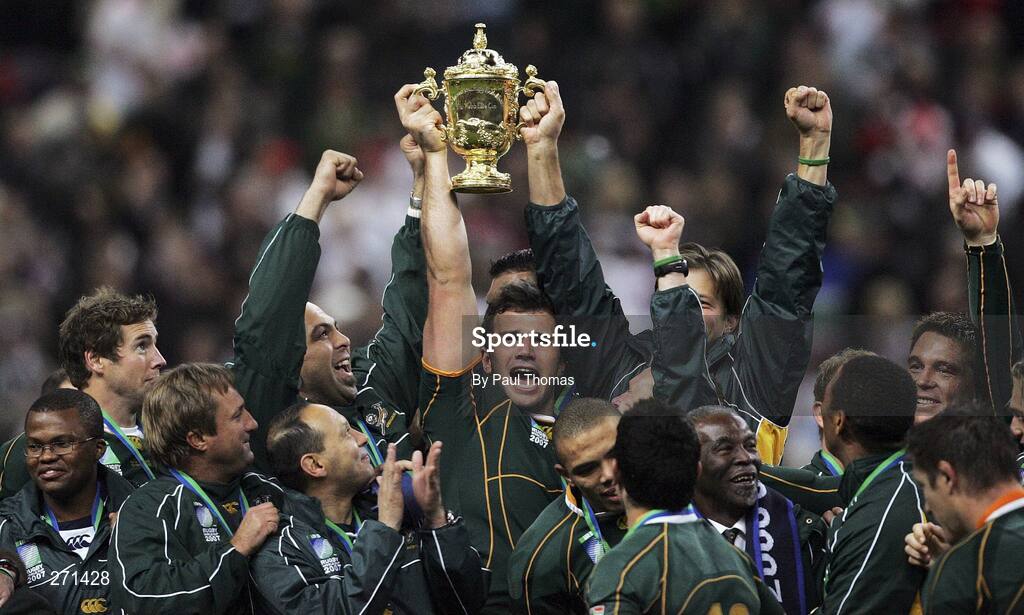 20 October 2007; South Africa's Bismarck Du Plessis holds the trophy as his team celebrate. Rugby World Cup Final, South Africa v England,Stade de France, Paris. Picture credit; Paul Thomas / SPORTSFILE