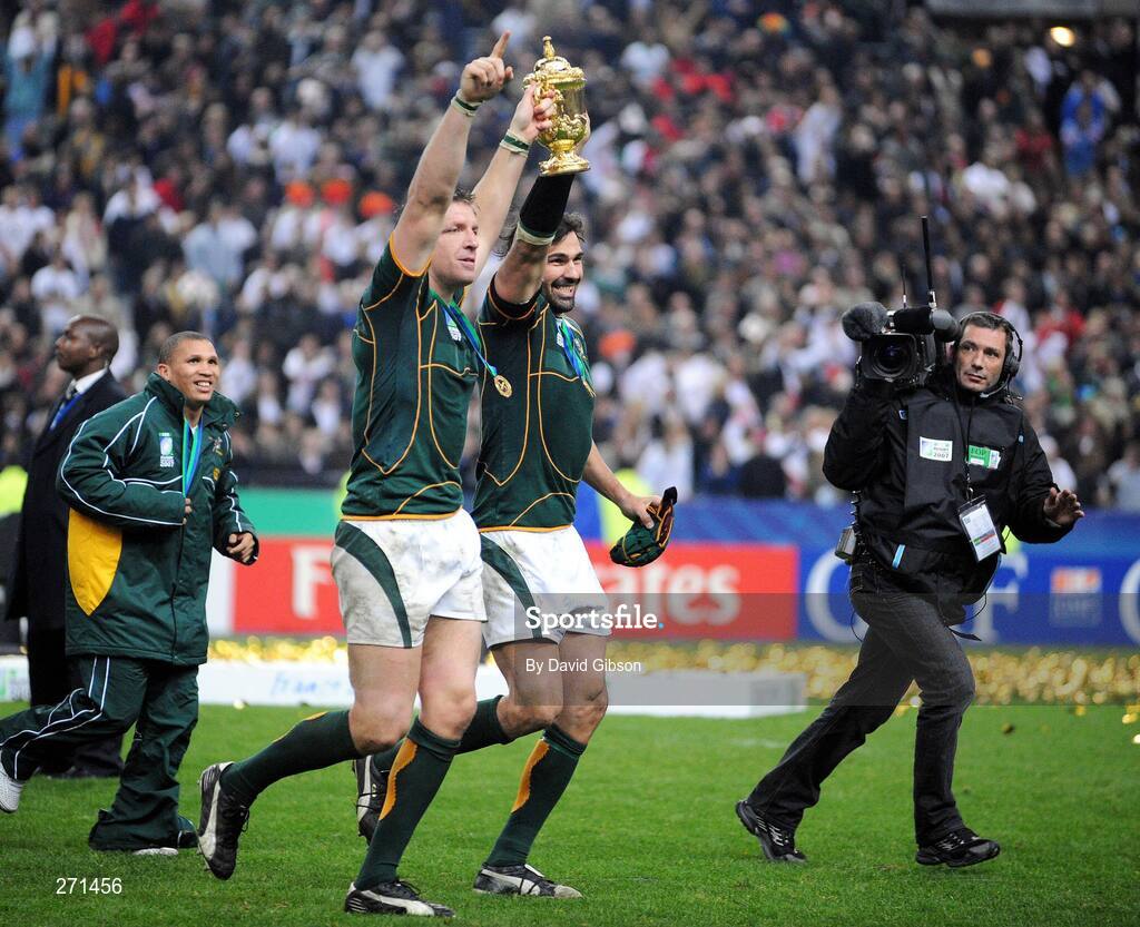 20 October 2007; The South African locks Bakkies Botha, left, and Victor Matfield celebrate winning the Rugby World Cup Final as they lift the Webb Ellis Cup. Rugby World Cup Final, South Africa v England,Stade de France, Paris. Picture credit; David Gibson / SPORTSFILE