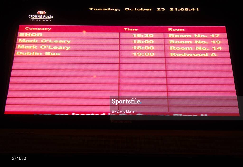 23 October 2007; A view of a television screen showing the conference room bookings. The Crowne Plaza Hotel, Santry, Co. Dublin. Picture credit; David Maher / SPORTSFILE