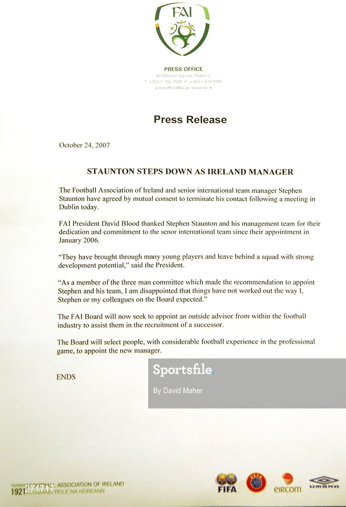 24 October 2007; The FAI statement which was issued at the FAI press conference to announced that Stephen Staunton was to step down as Republic of Ireland manager. The Crowne Plaza Hotel, Santry, Co. Dublin. Picture credit; David Maher / SPORTSFILE