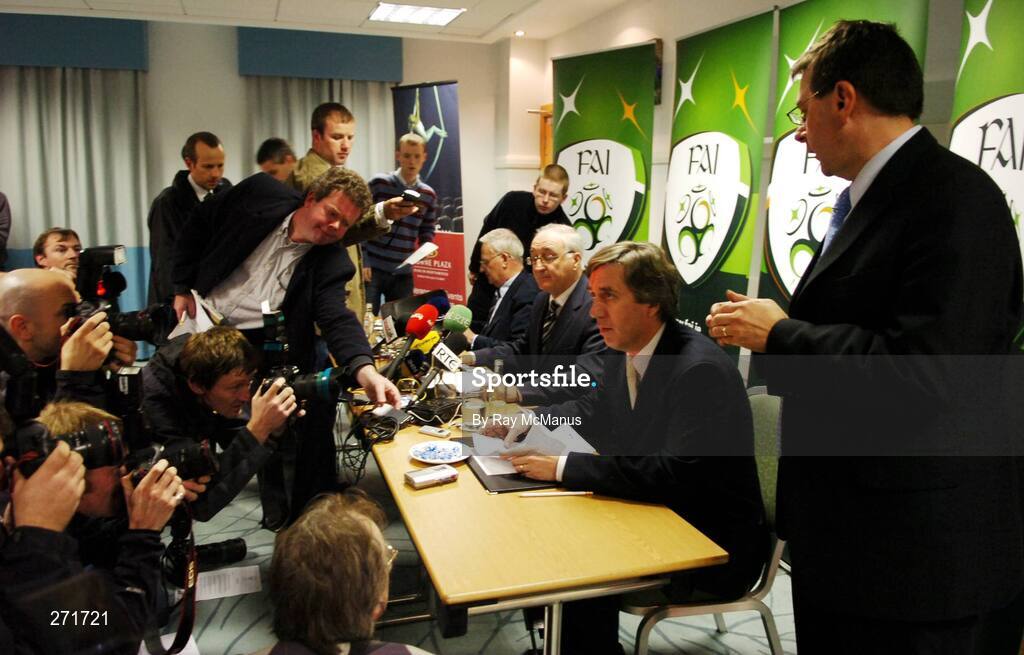 24 October 2007; FAI communications manager Gerry McDermot introduces members of the FAI board, from left, Michael Cody, honorary secretary, David Blood, president, and John Delaney, chief executive, at the FAI press conference where it was announced that Stephen Staunton was to step down as Republic of Ireland manager. The Crowne Plaza Hotel, Santry, Co. Dublin. Picture credit; Ray McManus / SPORTSFILE
