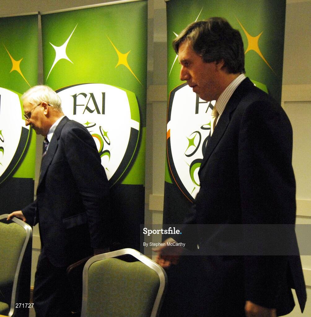 24 October 2007; Members of the FAI board David Blood, president, left, and John Delaney, chief executive, arrive for the FAI press conference where it was announced that Stephen Staunton was to step down as Republic of Ireland manager. The Crowne Plaza Hotel, Santry, Co. Dublin. Picture credit; Stephen McCarthy / SPORTSFILE