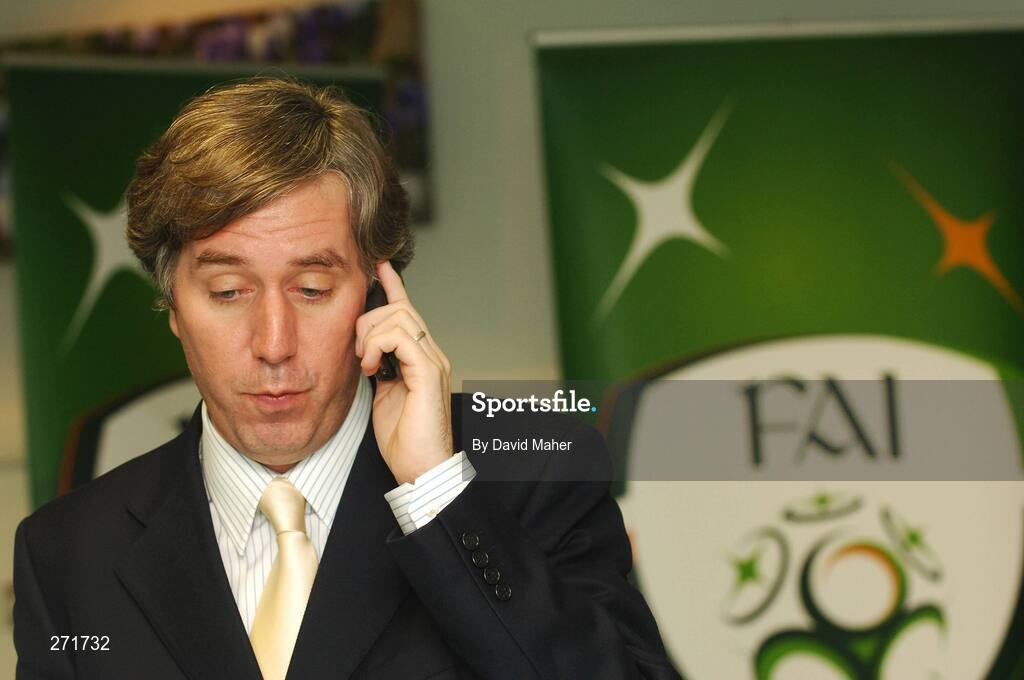 24 October 2007; FAI chief executive John Delaney, speaking on a mobile phone, after a FAI press conference when it was announced that Stephen Staunton was to step down as Republic of Ireland manager. The Crowne Plaza Hotel, Santry, Co. Dublin. Picture credit; David Maher / SPORTSFILE