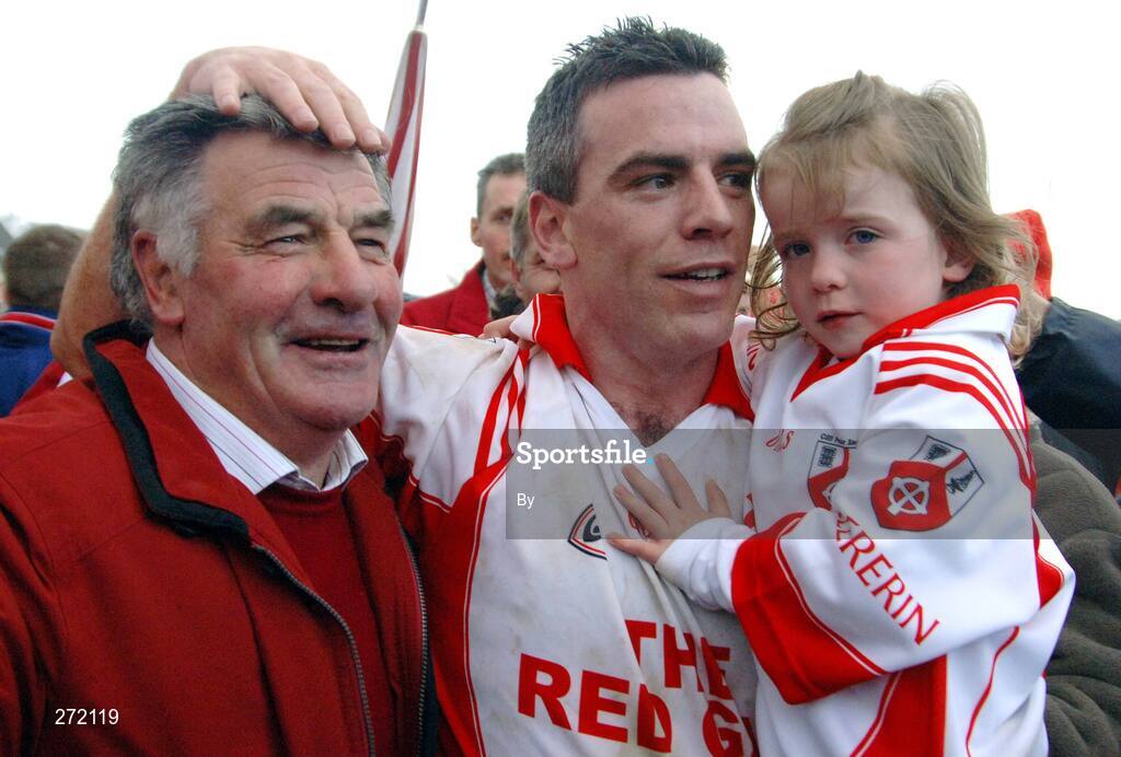 28 October 2007; Killererin captain and and Man of the Match Padraic Joyce holds his daughter Ava and celebrates with his father Paddy after his sides victory in the Galway Club Football Championship Final match between Miltown and Killererin at Pearse Stadium, Galway. Photo by Francis Stockwell/Sportsfile