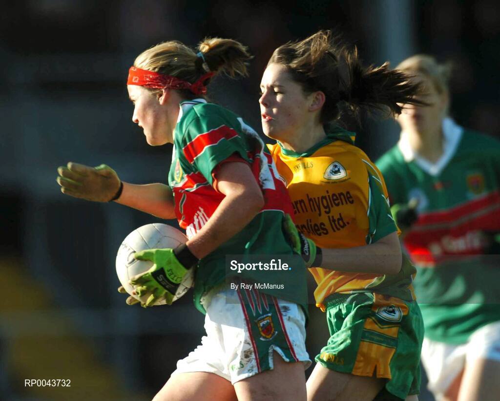 28 October 2007; Fiona Mchale, Carnacon, Mayo, in action against Iona Burke, Corofin, Galway. VHI Healthcare Connacht Senior Club Football Championship Final, Corofin, Galway, v Carnacon, Mayo, Corofin, Galway. Picture credit: Ray McManus / SPORTSFILE