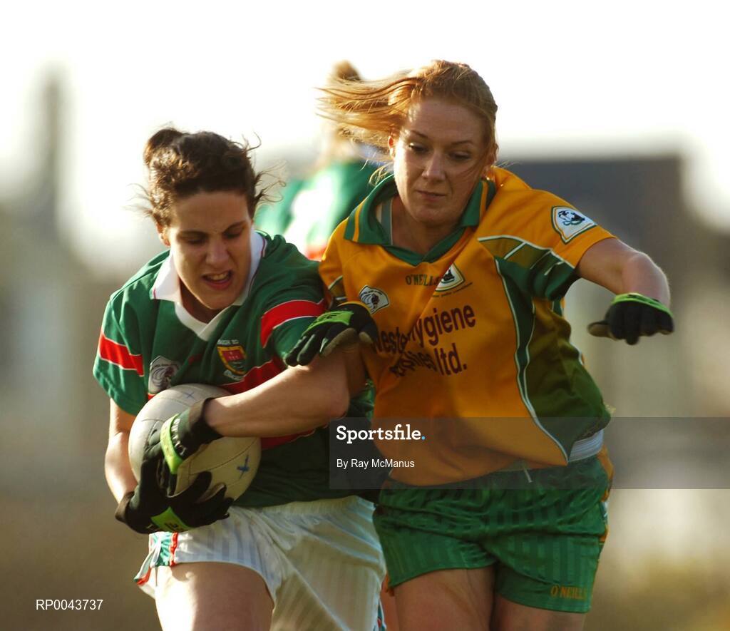 28 October 2007; Martha Carter, Carnacon, Mayo, in action against Shiela Fitzgerald, Corofin, Galway. VHI Healthcare Connacht Senior Club Football Championship Final, Corofin, Galway, v Carnacon, Mayo, Corofin, Galway. Picture credit: Ray McManus / SPORTSFILE