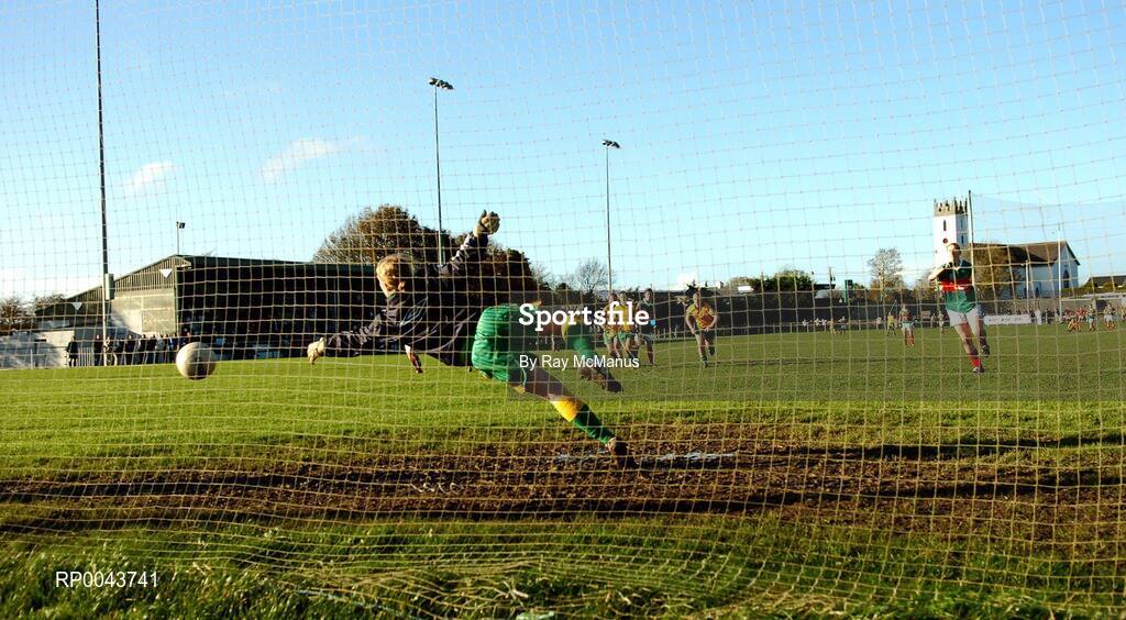 28 October 2007; Cora Staunton, Carnacon, Mayo, shoots past the Corofin, Galway, goalkeeper Tina Hughes to score a goal from the penalty spot. VHI Healthcare Connacht Senior Club Football Championship Final, Corofin, Galway, v Carnacon, Mayo, Corofin, Galway. Picture credit: Ray McManus / SPORTSFILE