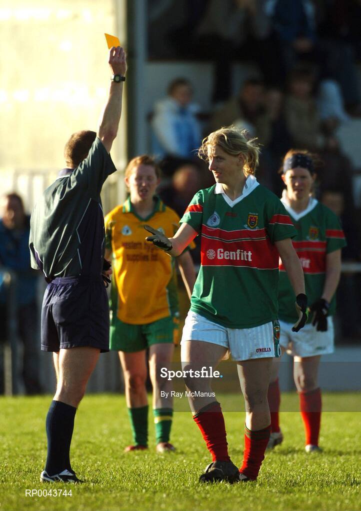 28 October 2007; Cora Staunton, Carnacon, Mayo, is shown a yellow card by referee Michael Duffy. VHI Healthcare Connacht Senior Club Football Championship Final, Corofin, Galway, v Carnacon, Mayo, Corofin, Galway. Picture credit: Ray McManus / SPORTSFILE