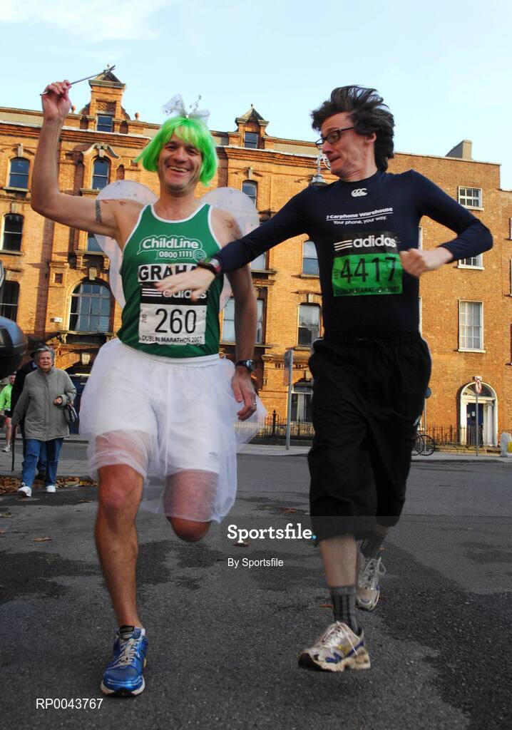 29 October 2007; Comedian Ed Byrne, right, with Graham Allchurch from Norwich who took part in the adidas Dublin City Marathon 2007, Merrion Square, Dublin. Photo by Sportsfile  *** Local Caption ***