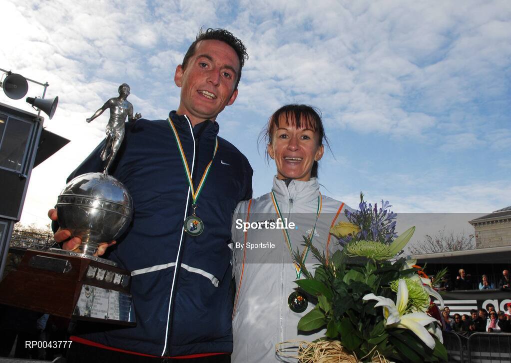 29 October 2007; 1st place men's Irish finisher Michael O'Connor from Galway City Harriers with 1st place women's Irish finisher Pauline Curley from Tullamore Harriers Athletic Club after finishing in the adidas Dublin City Marathon 2007, Merrion Square, Dublin. Photo by Sportsfile  *** Local Caption ***