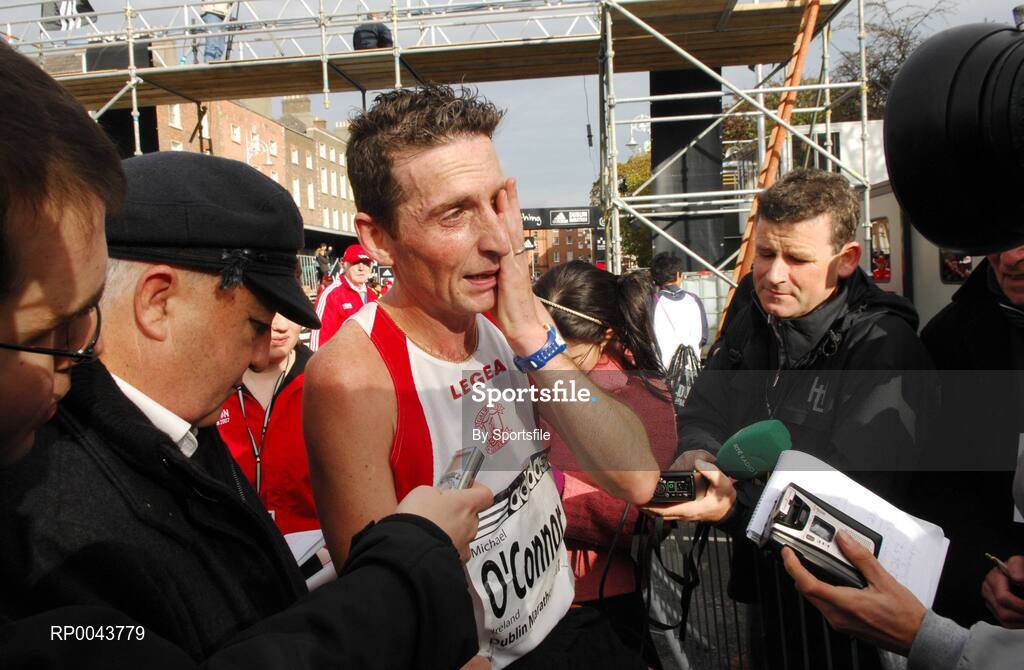 29 October 2007; 1st place men's Irish finisher Michael O'Connor from Galway City Harriers speaking to the media after finishing in the adidas Dublin City Marathon 2007, Merrion Square, Dublin. Photo by Sportsfile  *** Local Caption ***